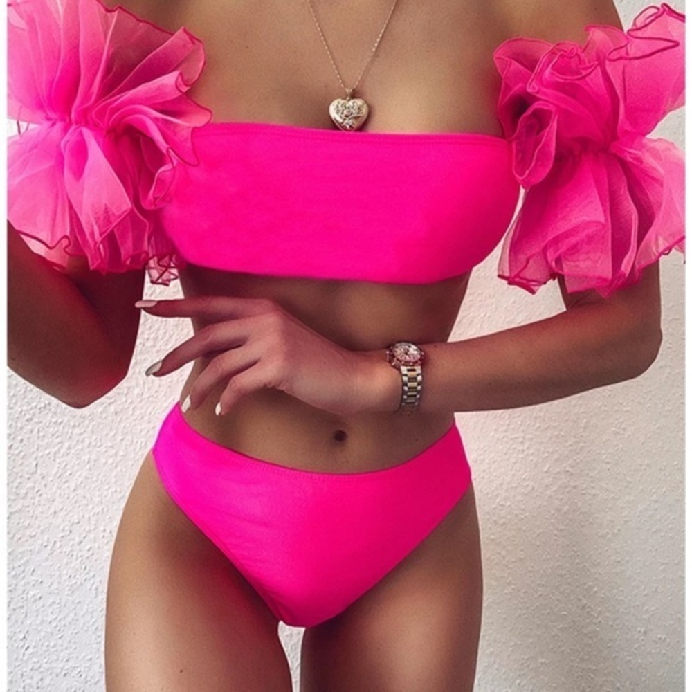 Flamingo Bikini Set SWIM Chic Bandeau Boutique Hot Pink Ruffle Arm Sleeves HOT S